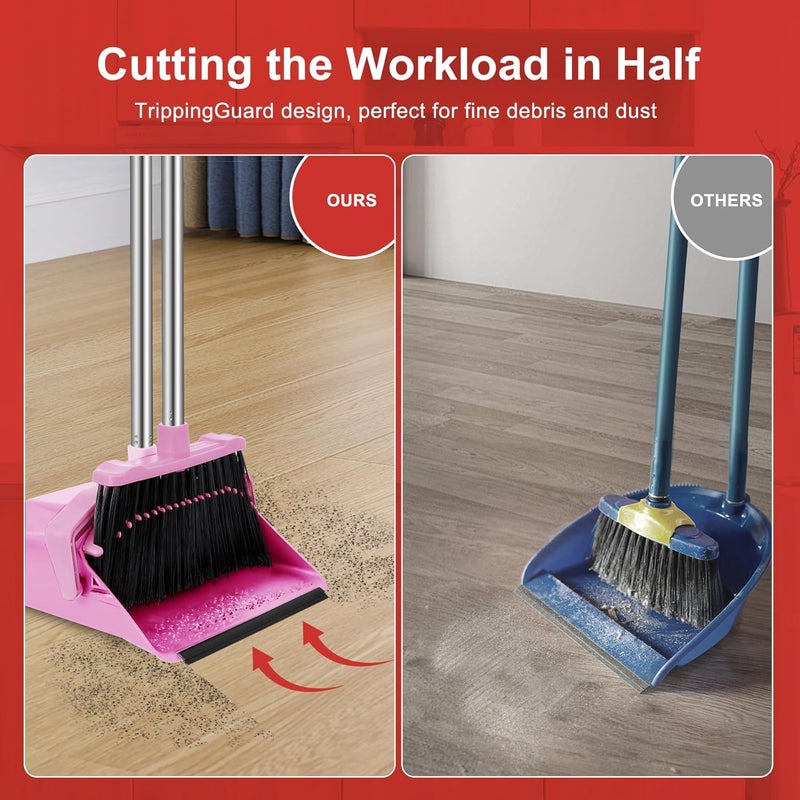 Tiumso Broom with Dustpan Combo Set, 51'' Broom and Dustpan Set, Brooms and Dust Pan with Handle, Brooms with Standing Dustpans, House Broom for Pets Hair and Floor Cleaning - Pink - Image 5